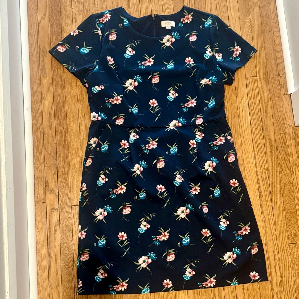 LOFT Dark Blue Dress with Vibrant Floral Design